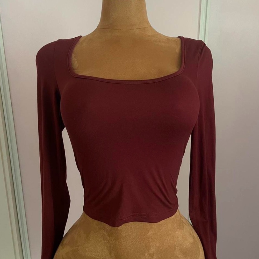 SHEIN Wine Long Sleeve Square Neck Top